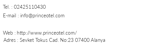 Prince Apart Hotel Alanya telefon numaralar, faks, e-mail, posta adresi ve iletiim bilgileri